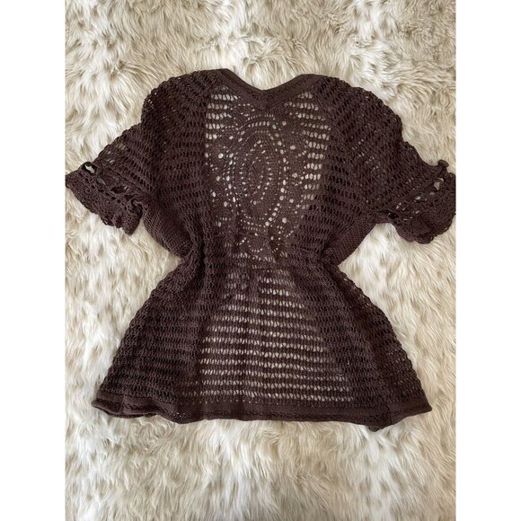 Vtg Anthropologie Moth Sweater Womens Small Brown Crochet Linen Blend Cardigan - Picture 2 of 4
